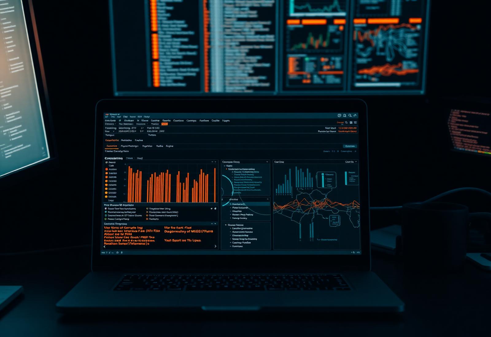 Security operations workstation with multiple monitors displaying threat analysis dashboards
